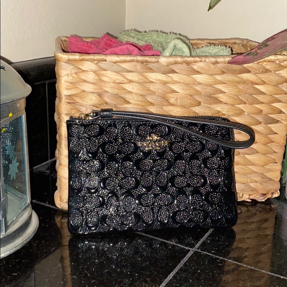Patent leather CC embossed Coach wristlet